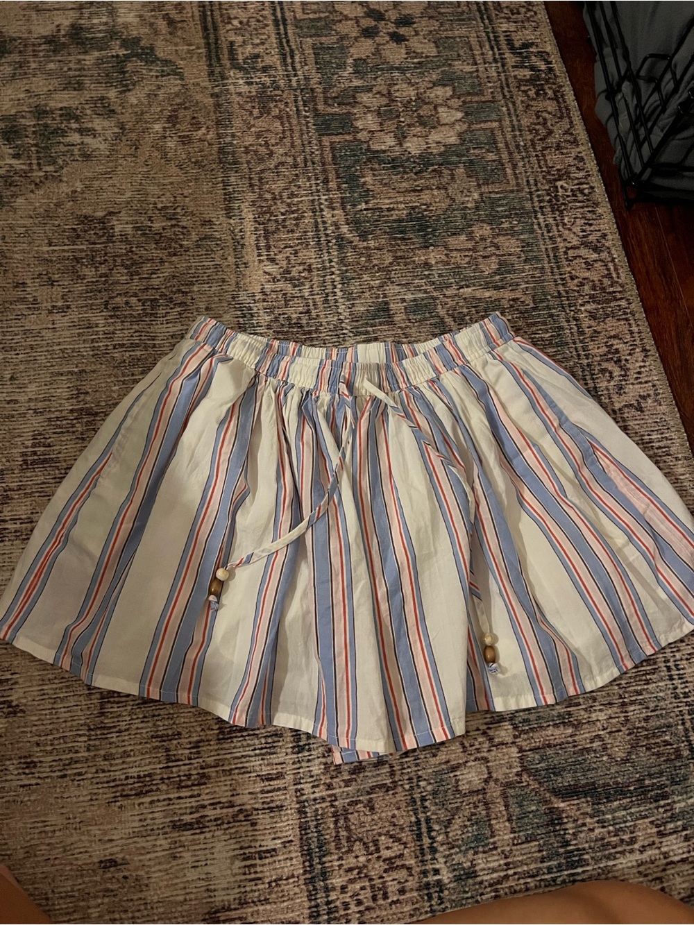 Striped Drawstring skort in Cream with Blue & Pink Stripes
